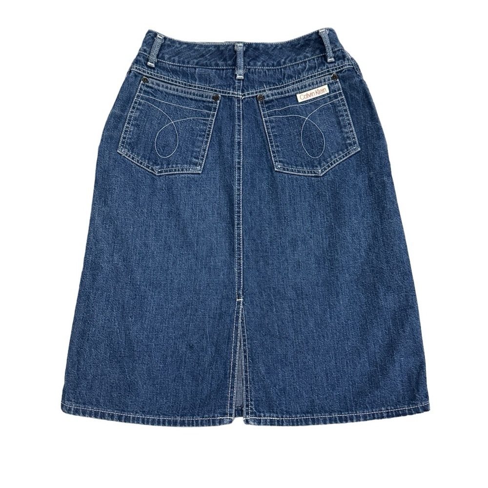 Vintage 70's Calvin Klein Denim Skirt Womens‎ 10 Blue Midi High Waist Back Slit